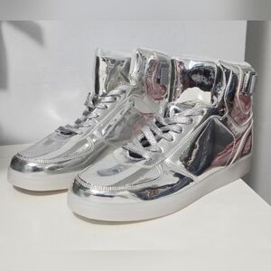 High-top LED sneakers with a metallic silver finish.